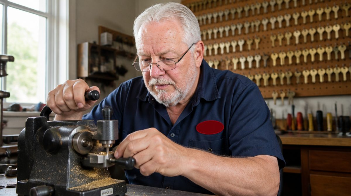 Ray cutting a key at his workbench