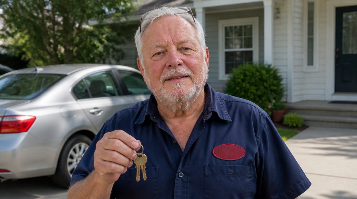 Ray in his driveway with his keys with a car key and a cup of coffee