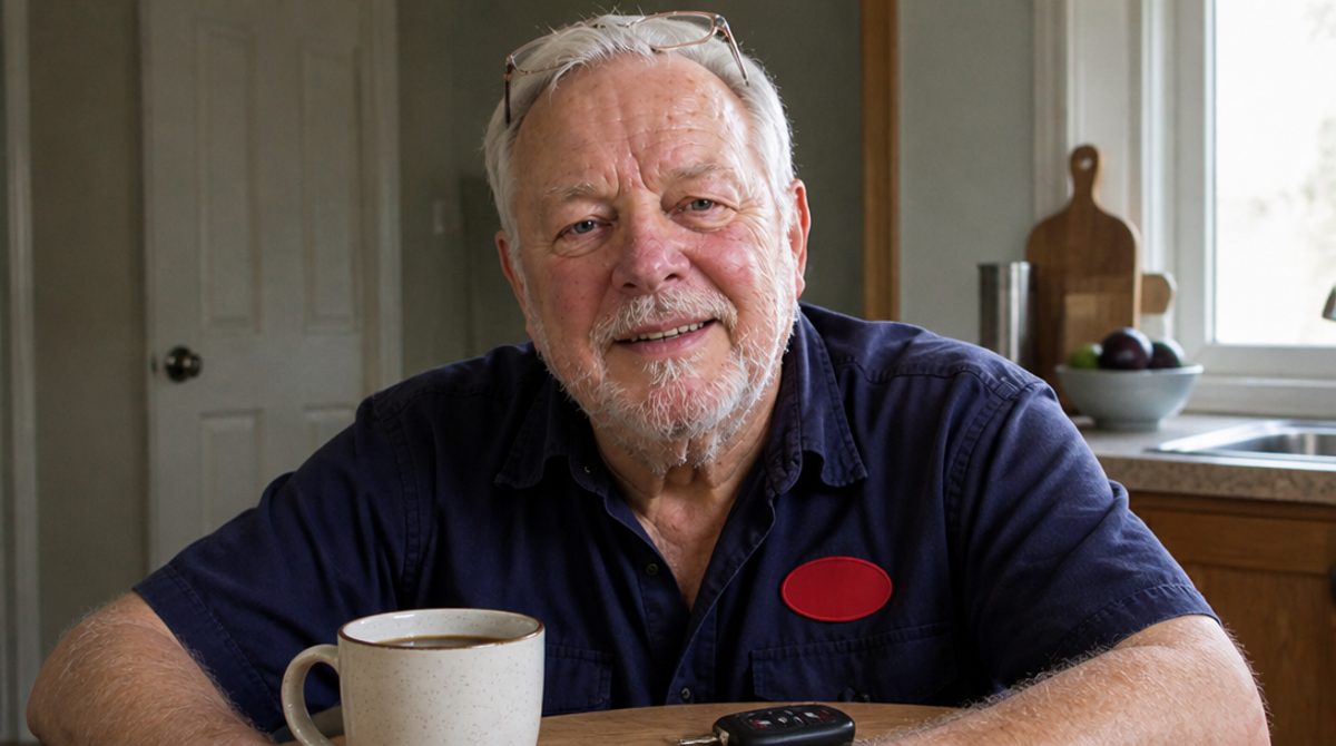 Ray Kessler at his kitchen table with a car key and a cup of coffee