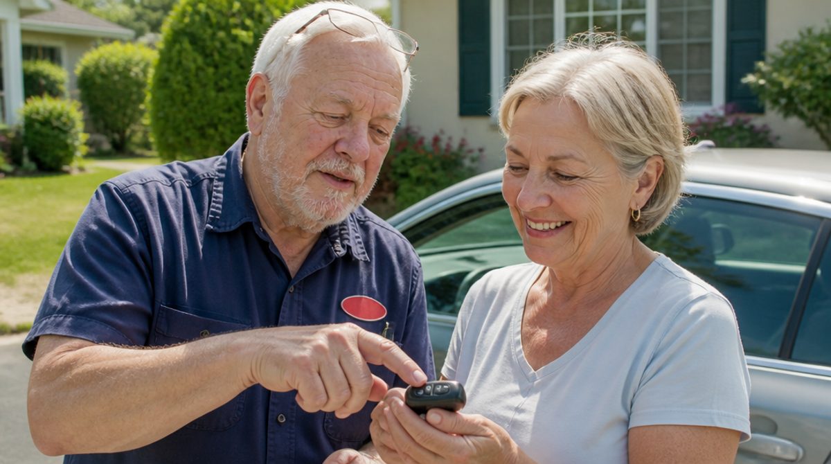 Ray showing a neighbor how to hold her key fob