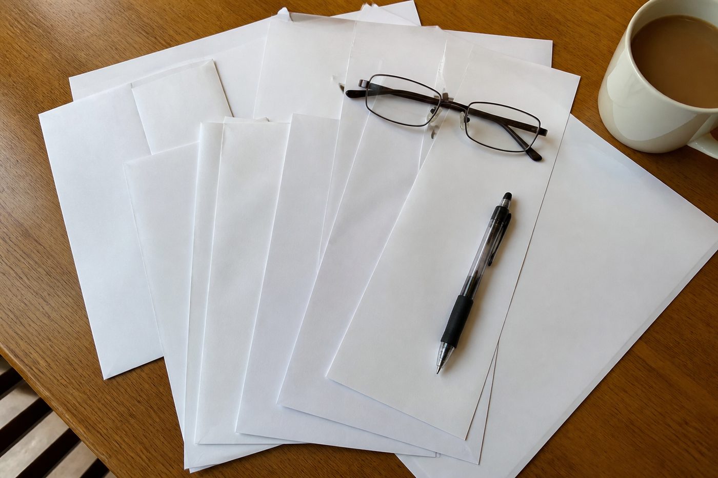 Household bills spread across a kitchen table with reading glasses and a pen