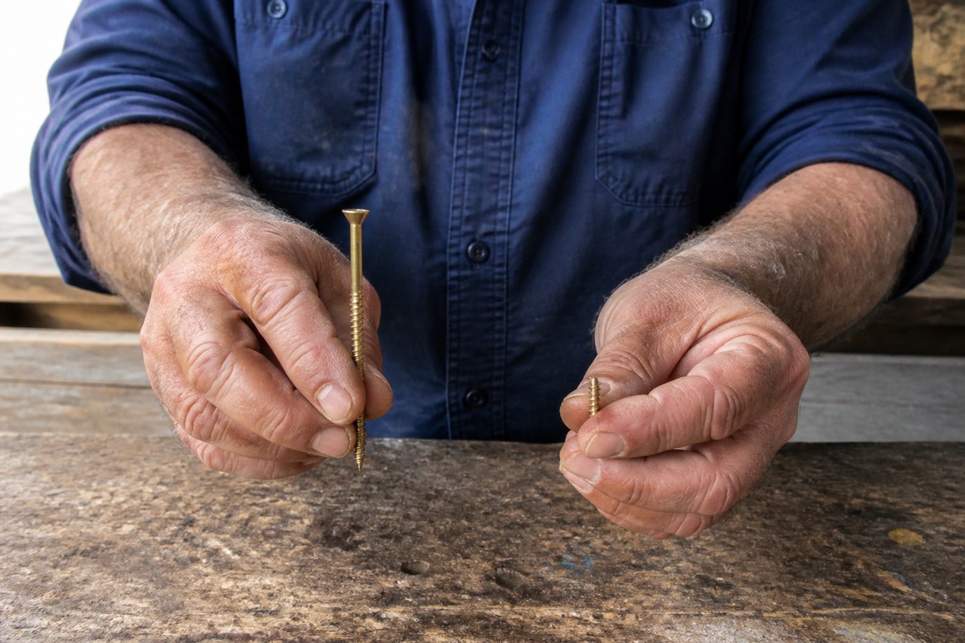 Two screws held side by side: the short one from the box and a long structural screw
