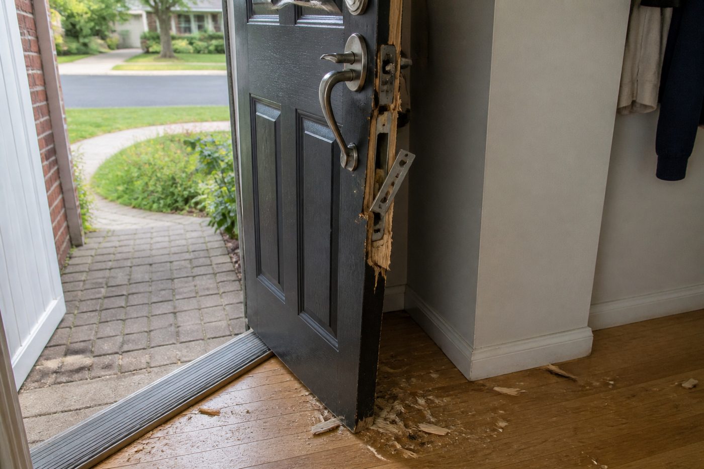 A front door standing open with its frame splintered around the lock