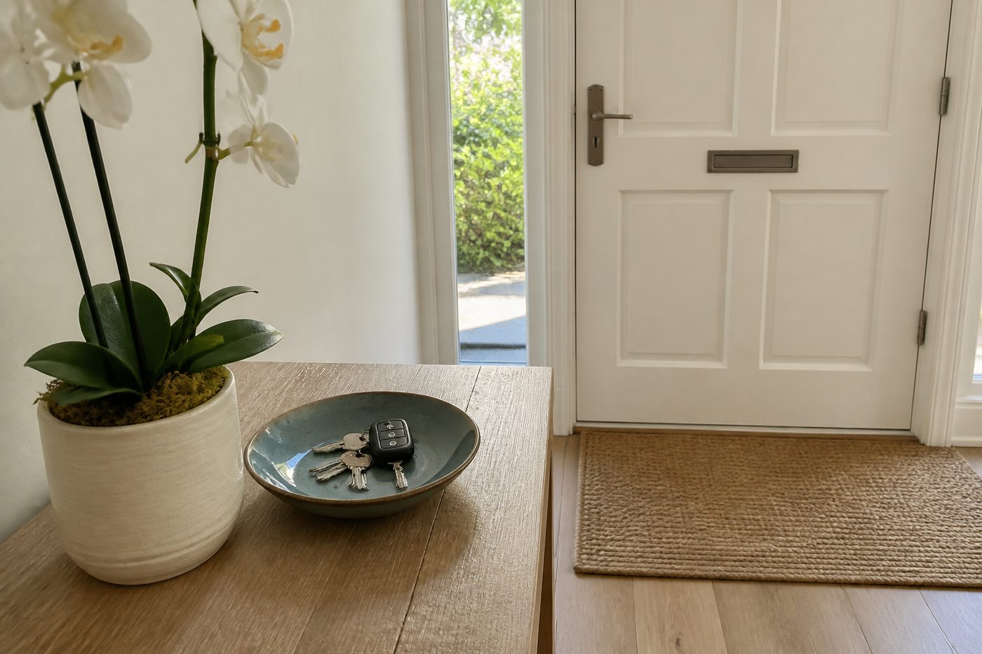 A bowl of house keys and a car fob on a hall table beside the front door