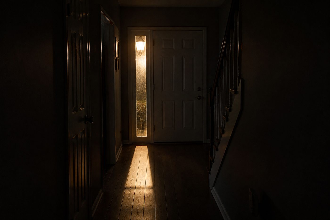 A dark hallway with light coming through the glass beside the front door