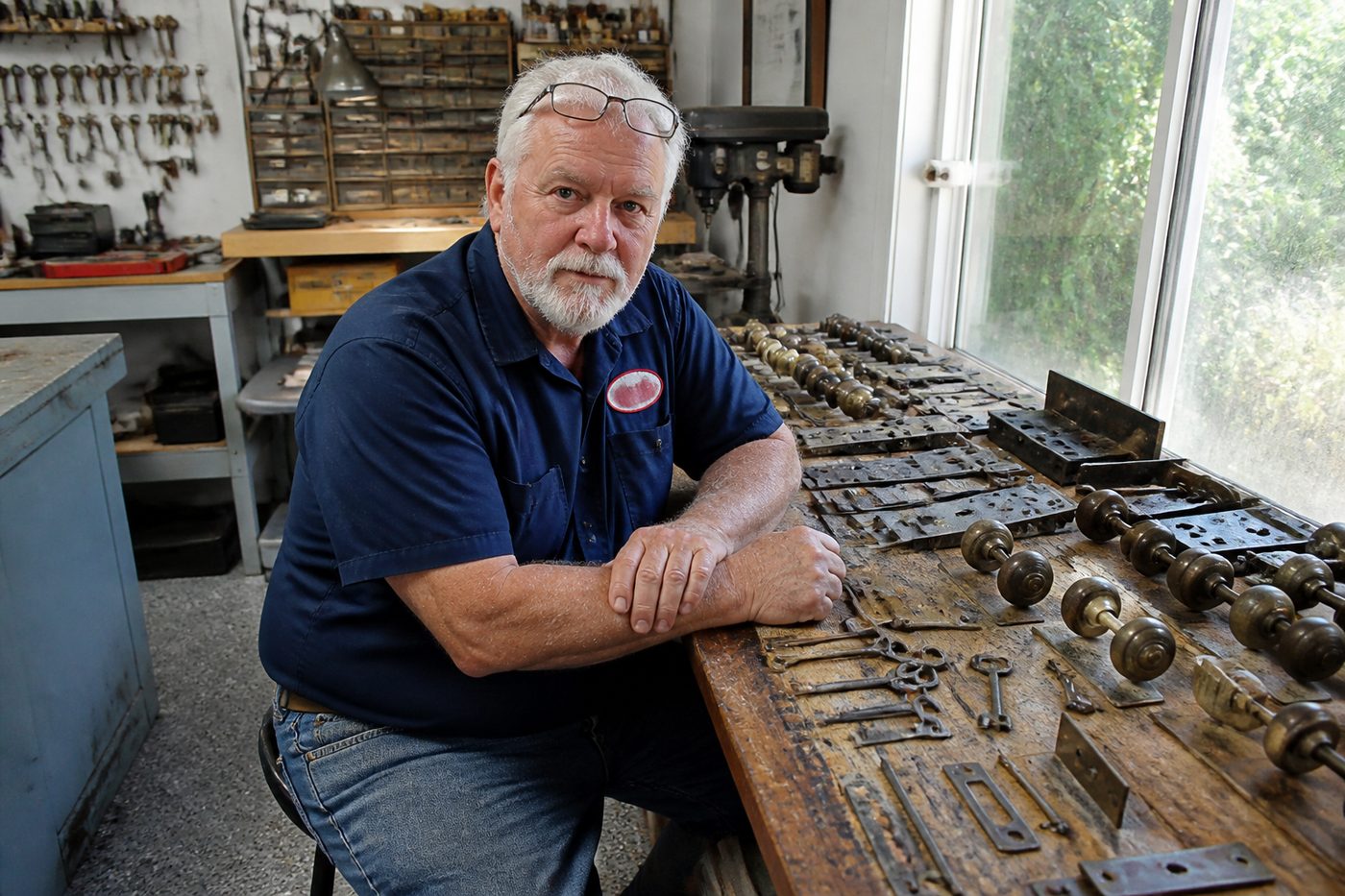 Ray Kessler at his workbench, surrounded by old door hardware