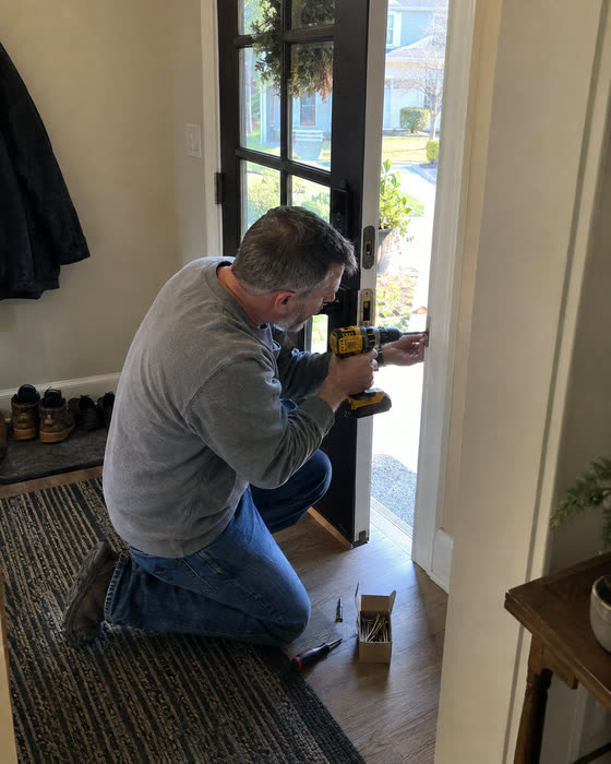 A reader kneeling at his open front door driving long screws into the hinge side