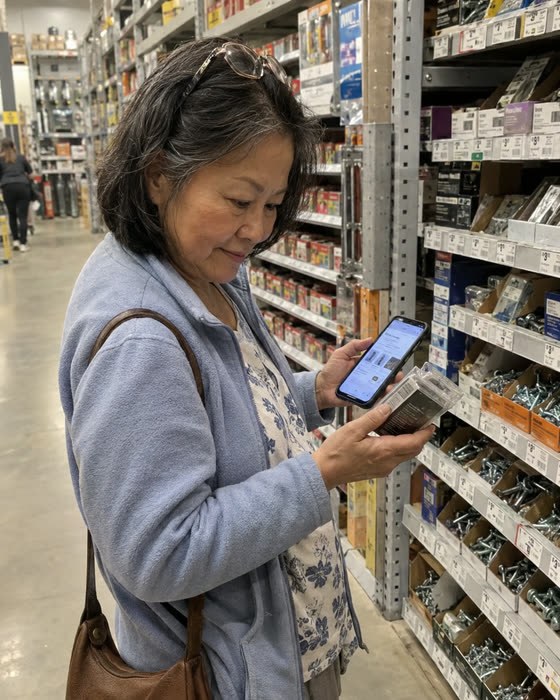 A reader in the hardware store fastener aisle with the guide open on her phone