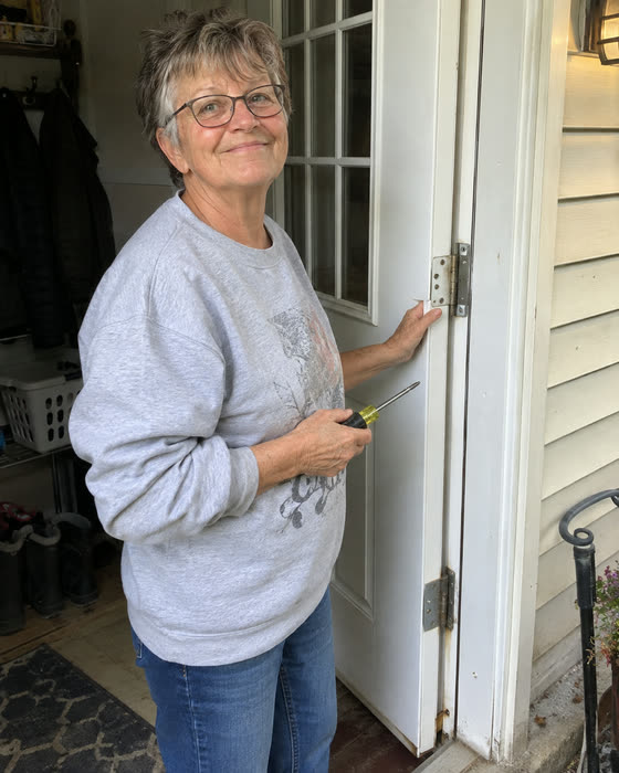 A reader working on the hinges of the service door beside her garage