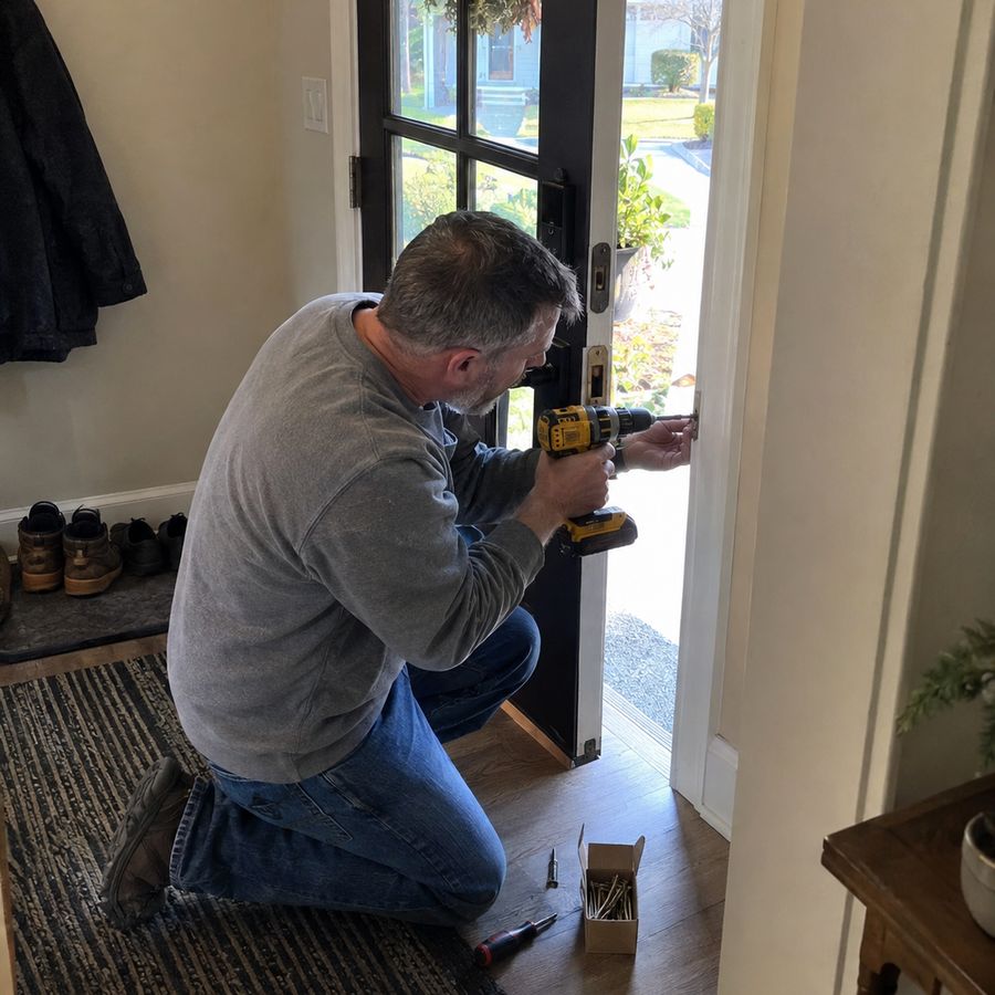 A man kneeling at an open front door, drilling into the frame