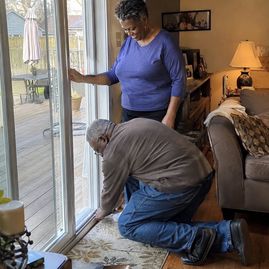 A couple working on the track of a sliding patio door