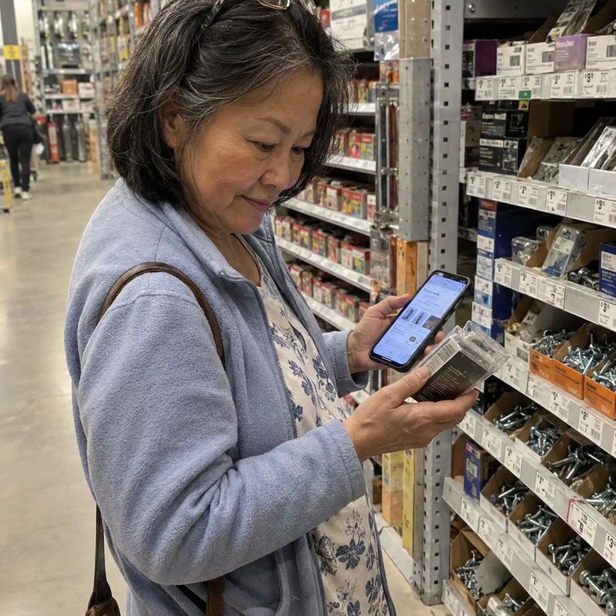 A woman in a hardware aisle reading the guide on her phone