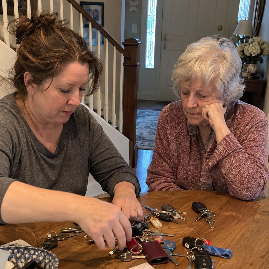 Two women at a table sorting through a pile of old house keys