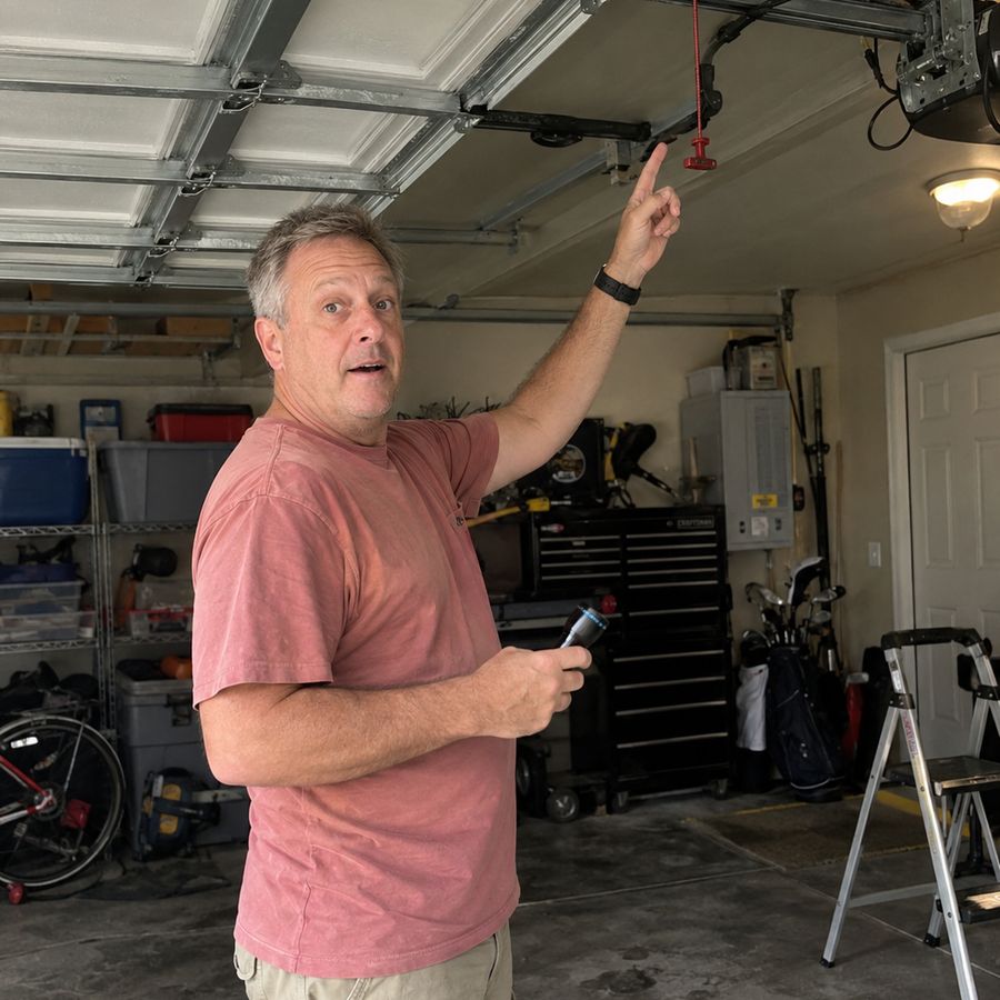 A man in a garage pointing up at the emergency release cord
