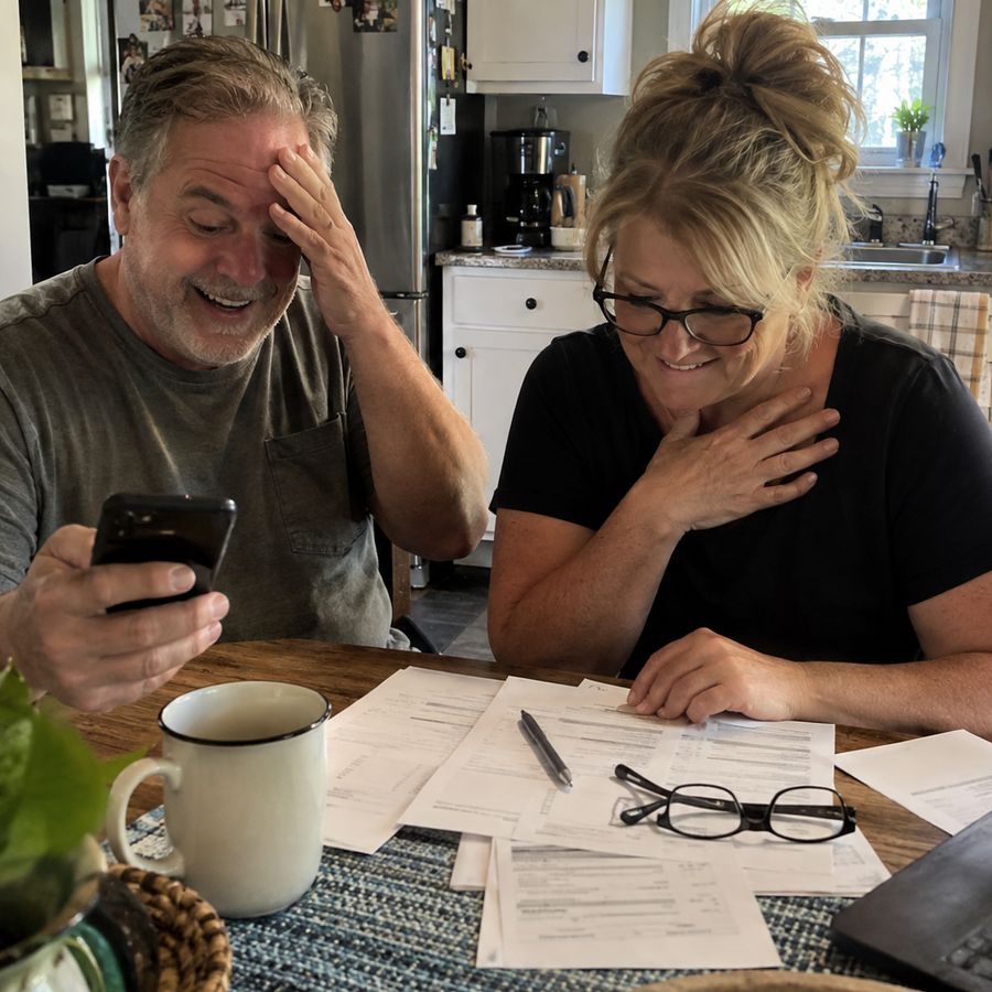 A couple at a kitchen table going through their bills