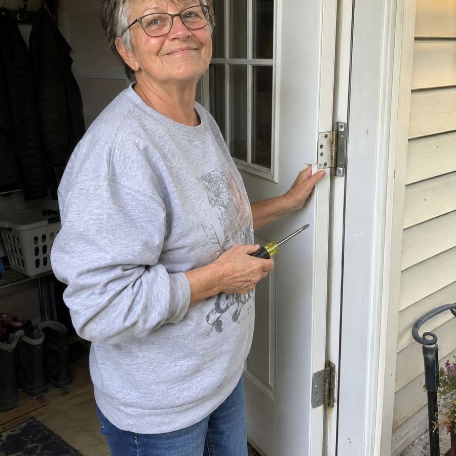 An older woman checking the hardware on her back service door with a screwdriver